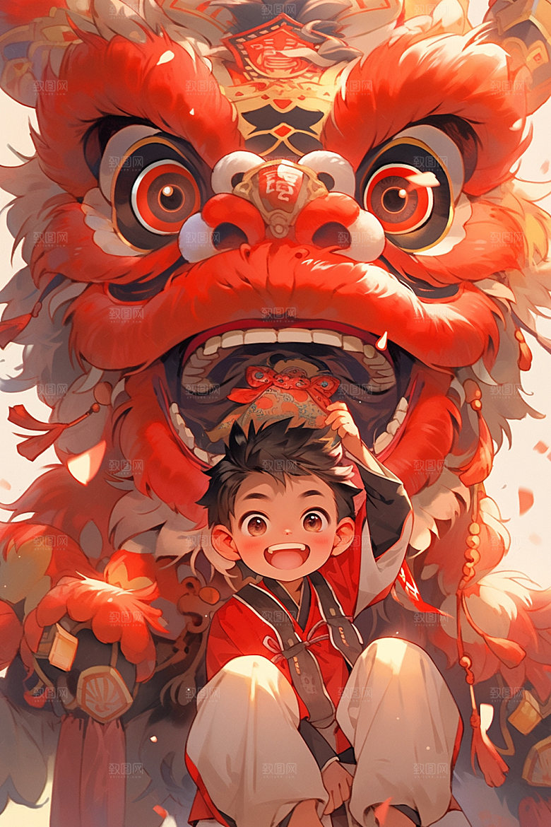 舞狮少年国潮非遗插画