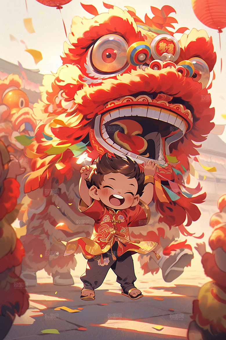 舞狮少年非遗中国风插画