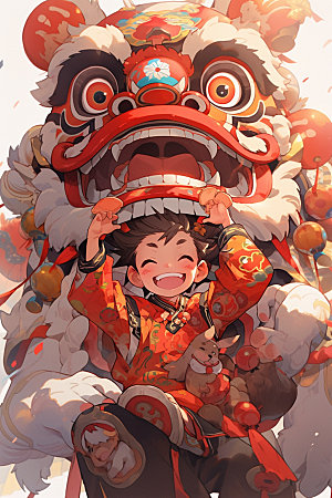 舞狮少年新年传统文化插画