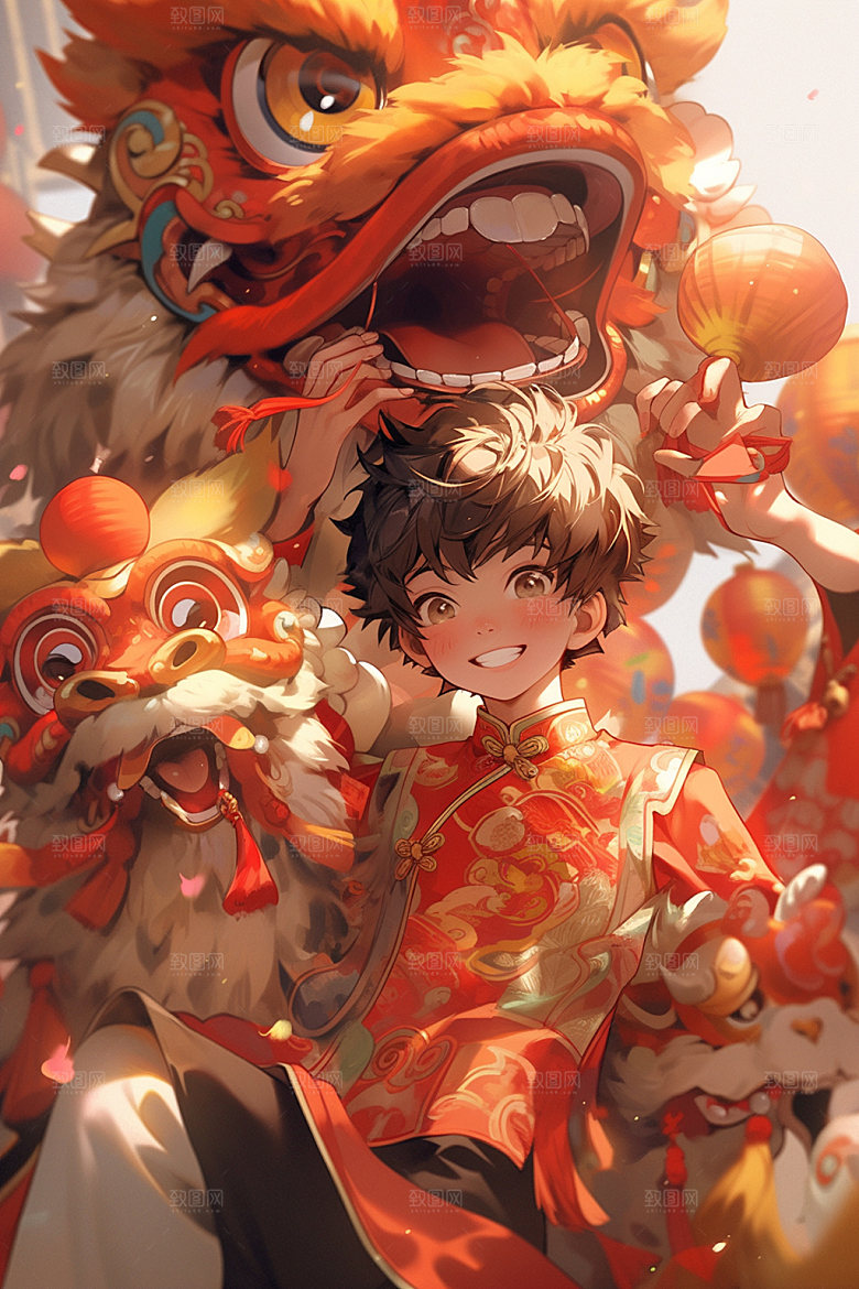 舞狮少年新年节庆插画