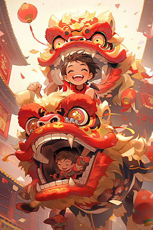 舞狮少年中式国潮插画