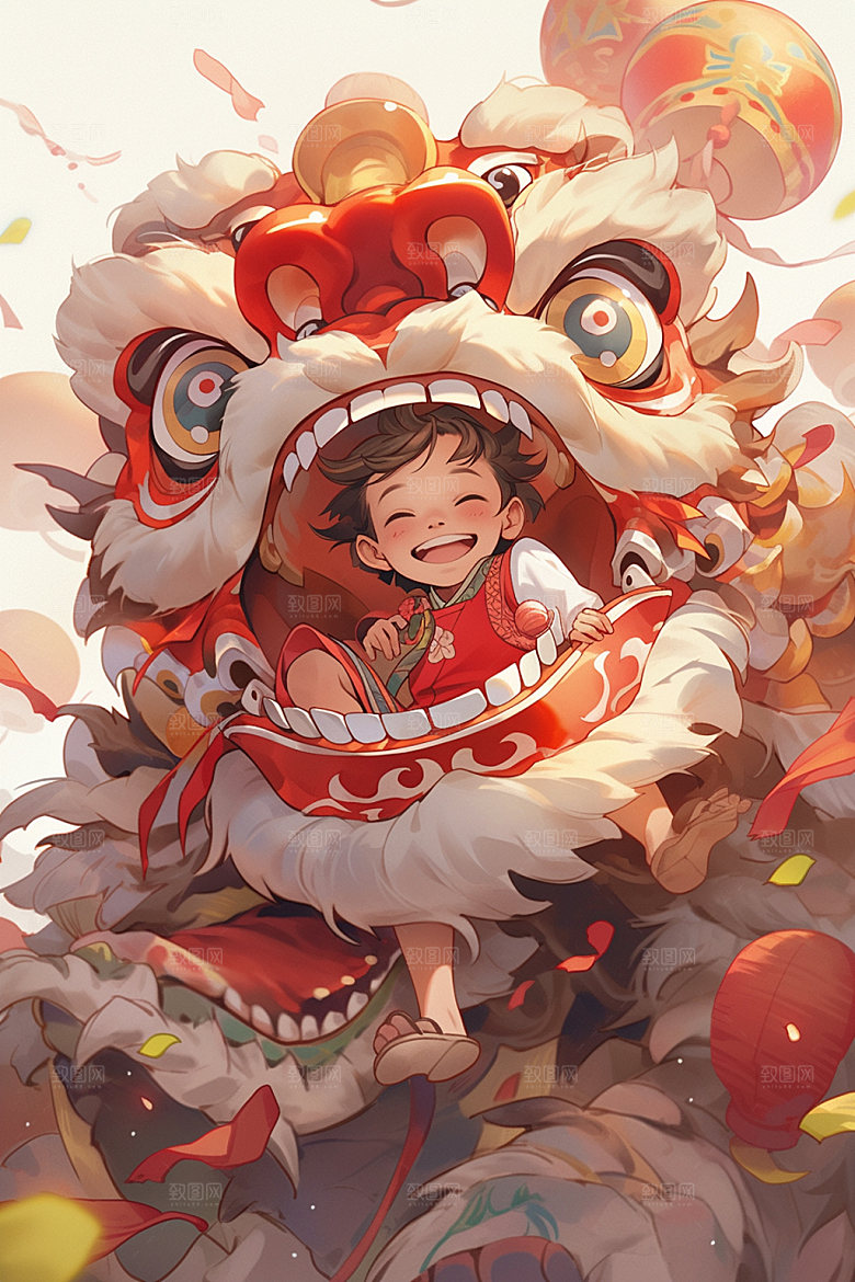 舞狮少年中式中国风插画