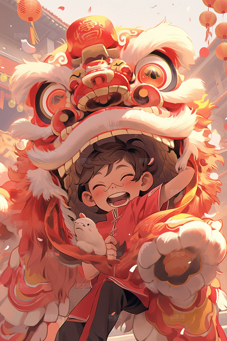 舞狮少年传统文化国潮插画