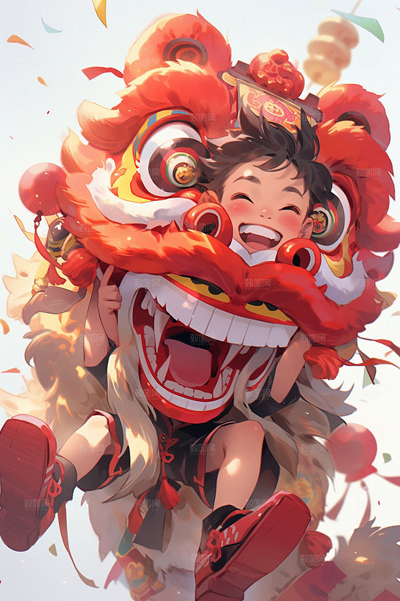 舞狮少年卡通喜庆插画