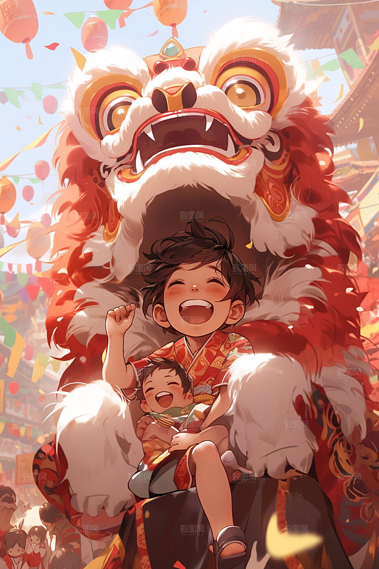 舞狮少年国潮卡通插画