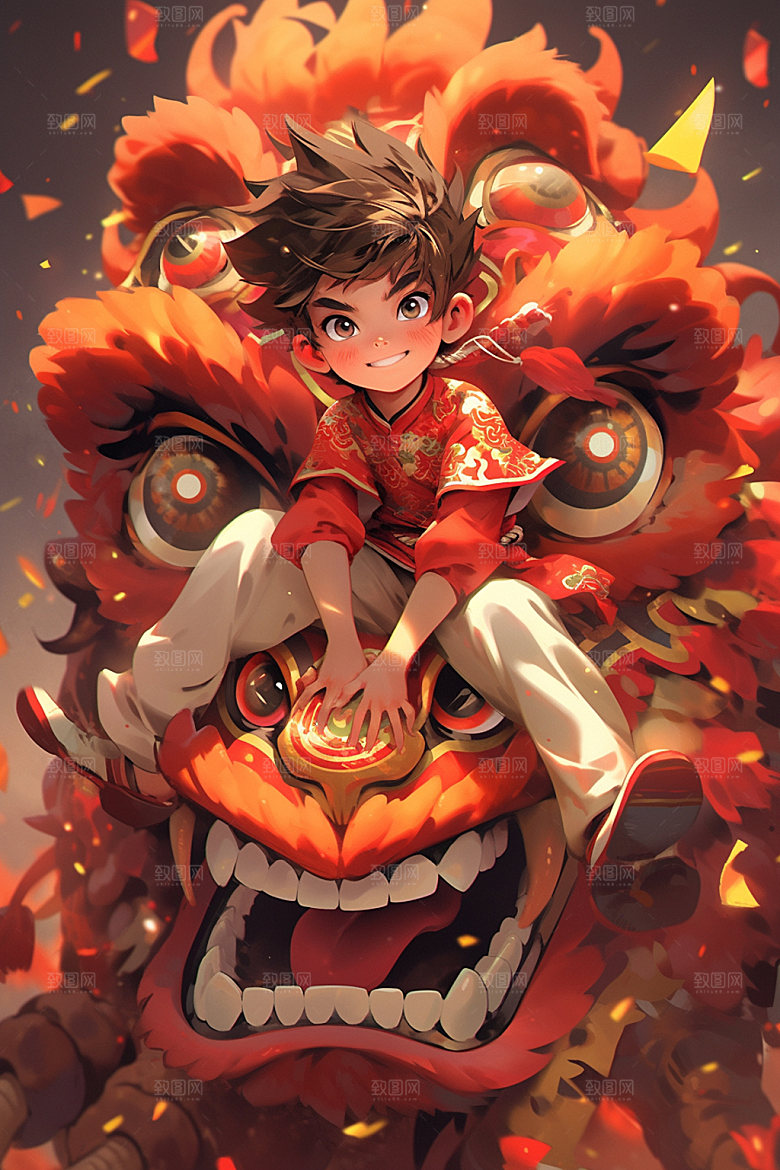 舞狮少年喜庆国潮插画