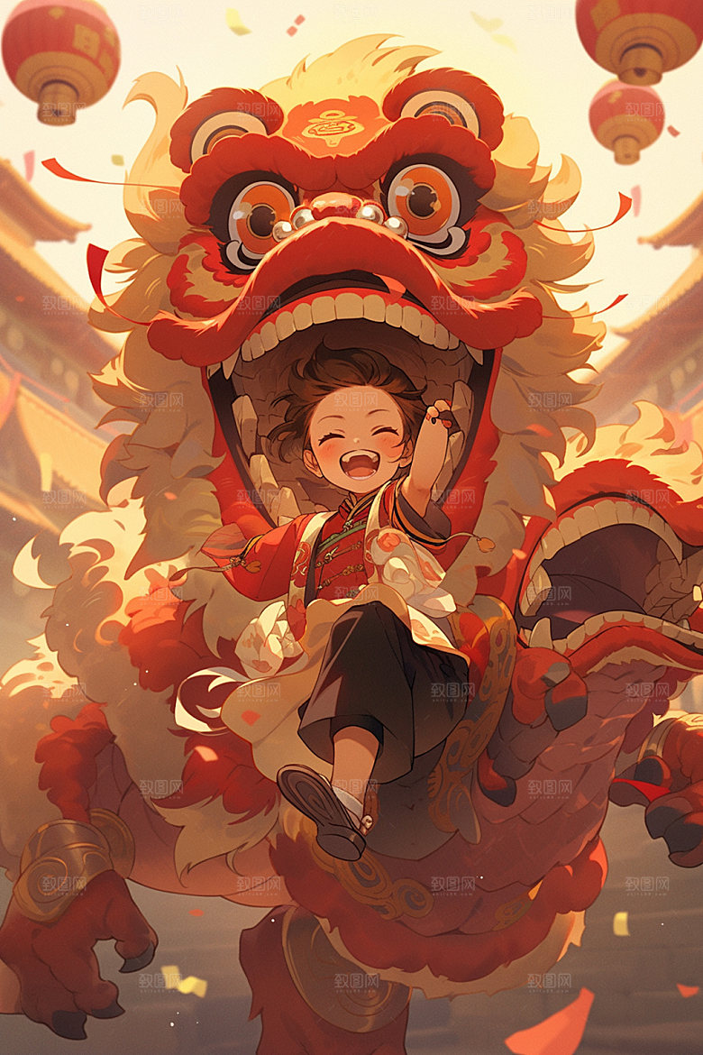 舞狮少年中式节庆插画