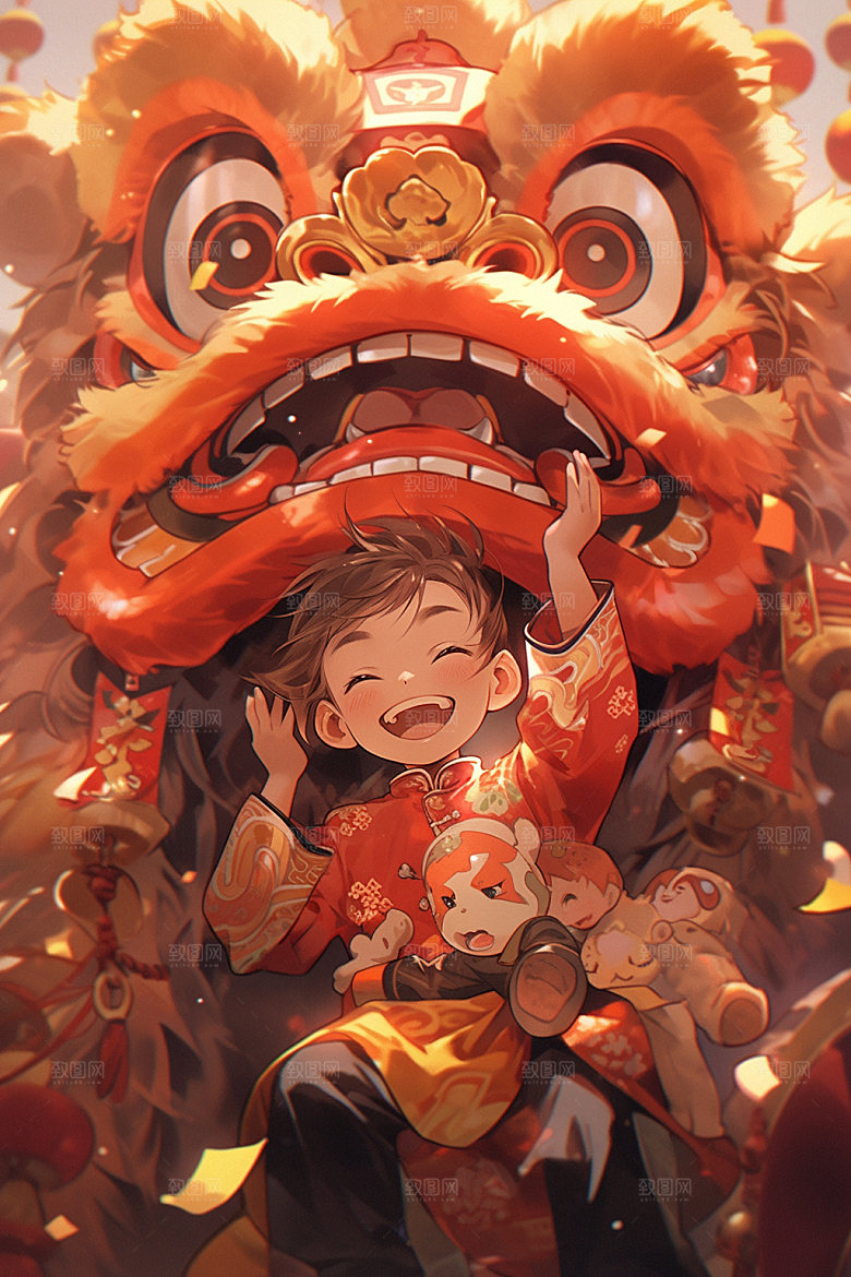 舞狮少年卡通非遗插画