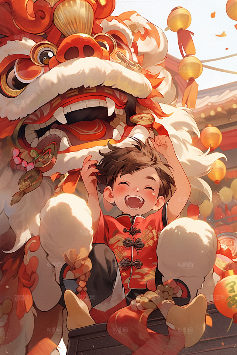 舞狮少年传统文化中国风插画