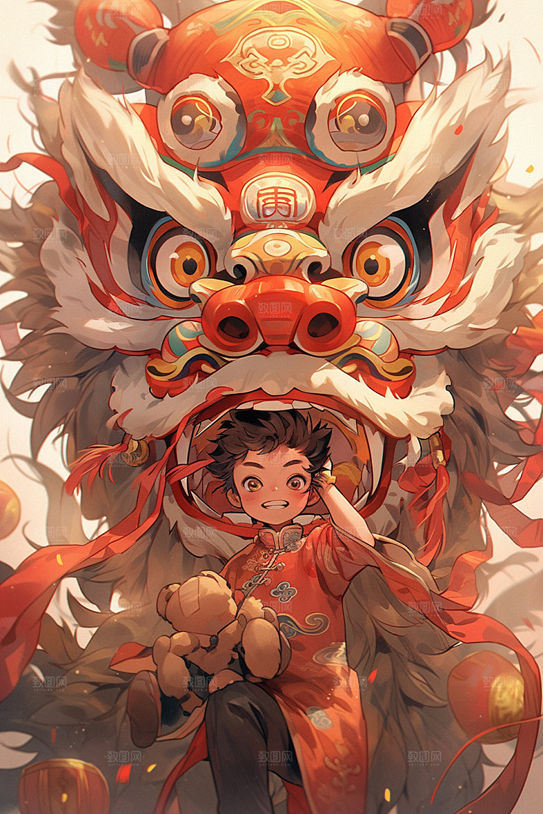 舞狮少年国潮中国风插画