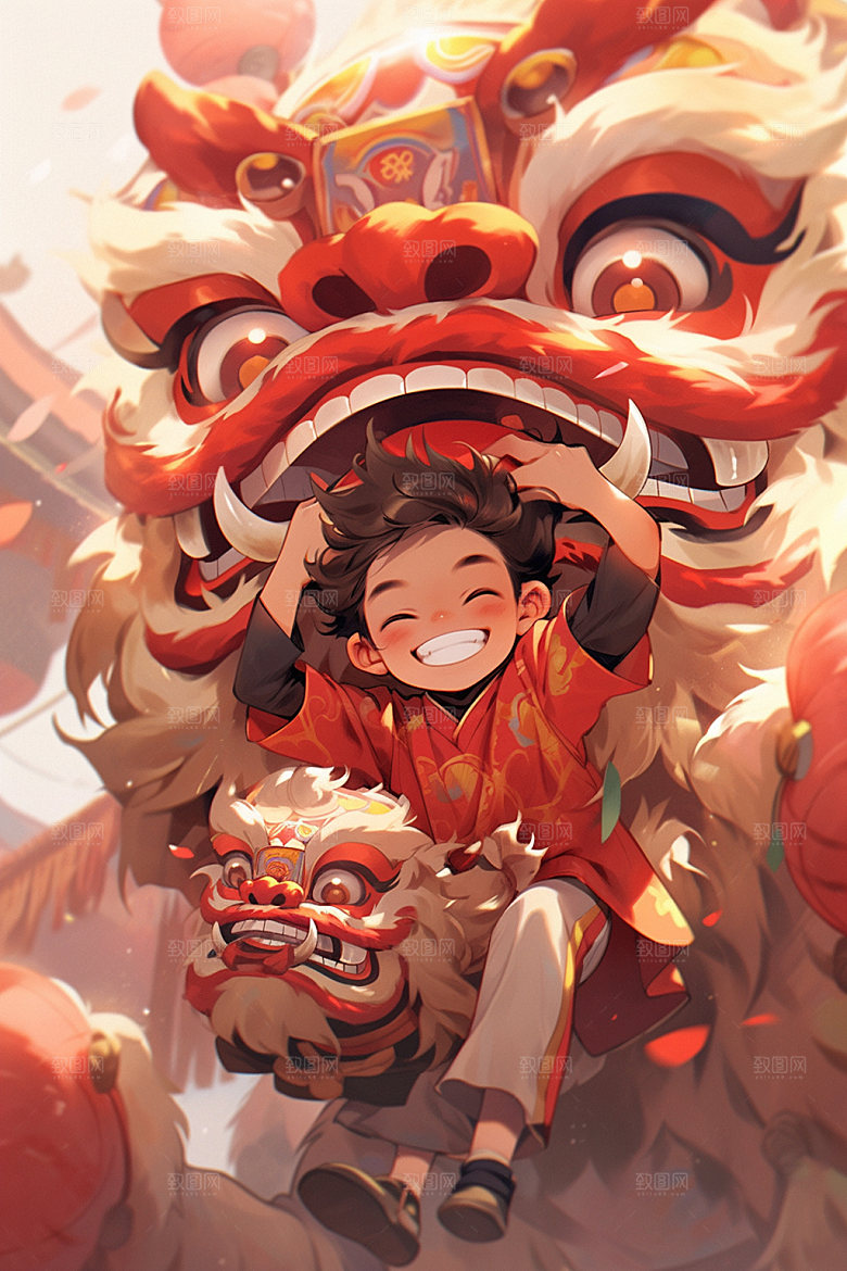 舞狮少年卡通喜庆插画