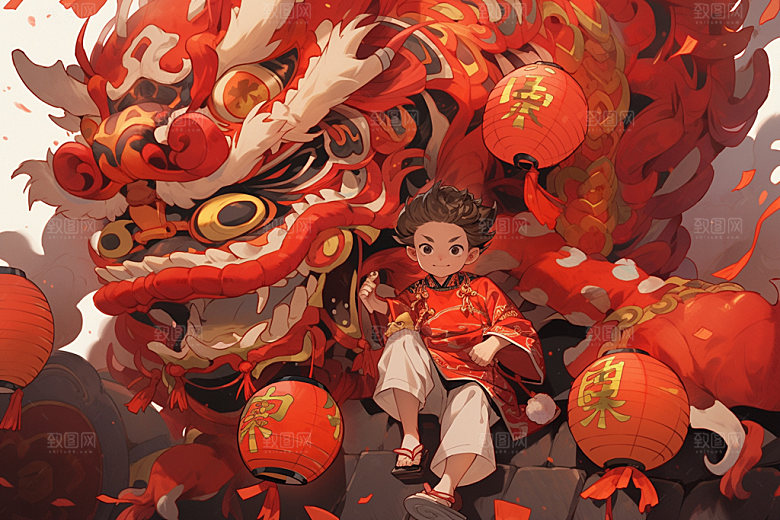 舞狮少年非遗中式插画
