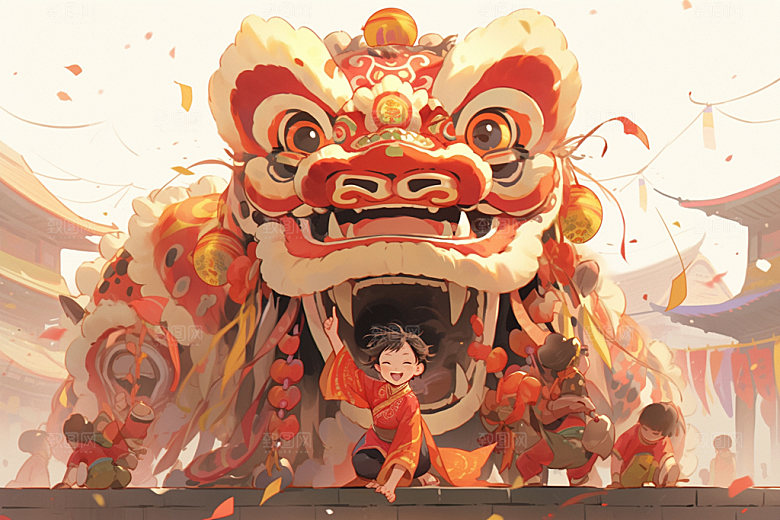 舞狮少年新年喜庆插画