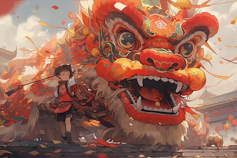舞狮少年中式国潮插画