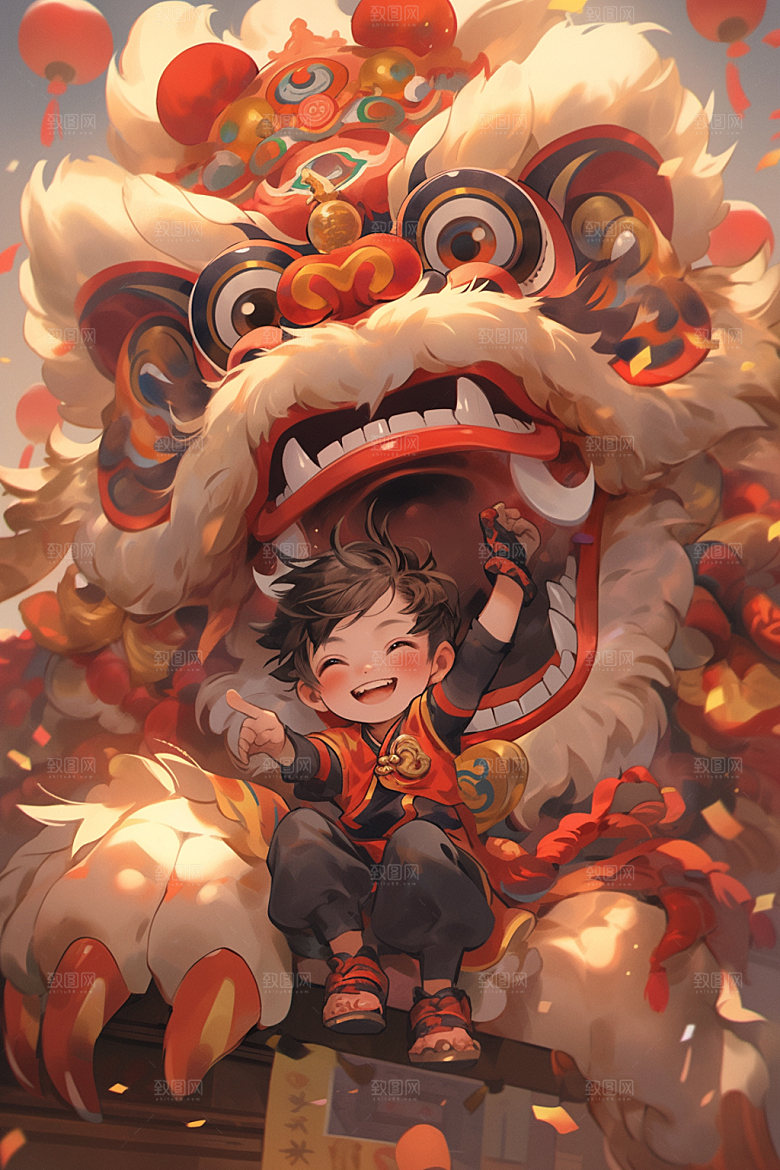 舞狮少年传统文化卡通插画