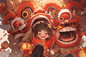 舞狮少年传统文化中式插画