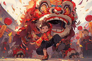舞狮少年中国风中式插画