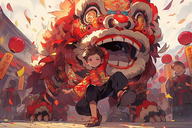 舞狮少年中国风中式插画