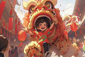 舞狮少年新年节庆插画