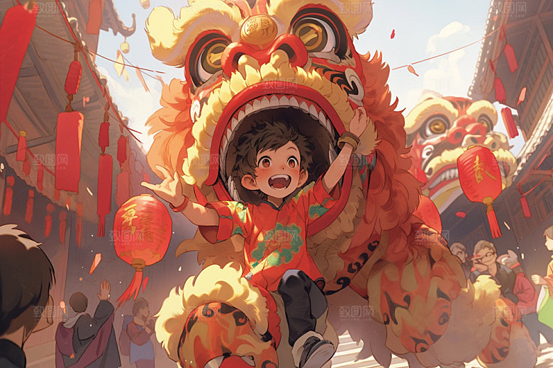 舞狮少年新年节庆插画