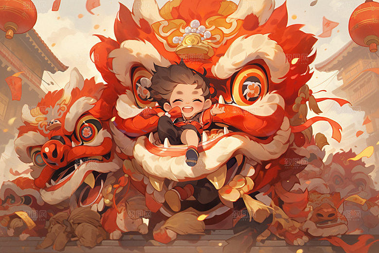 舞狮少年中式卡通插画