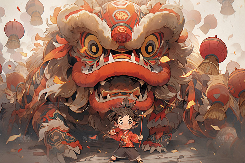 舞狮少年中国风国粹插画