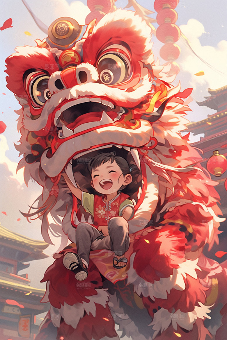 舞狮少年喜庆国潮插画
