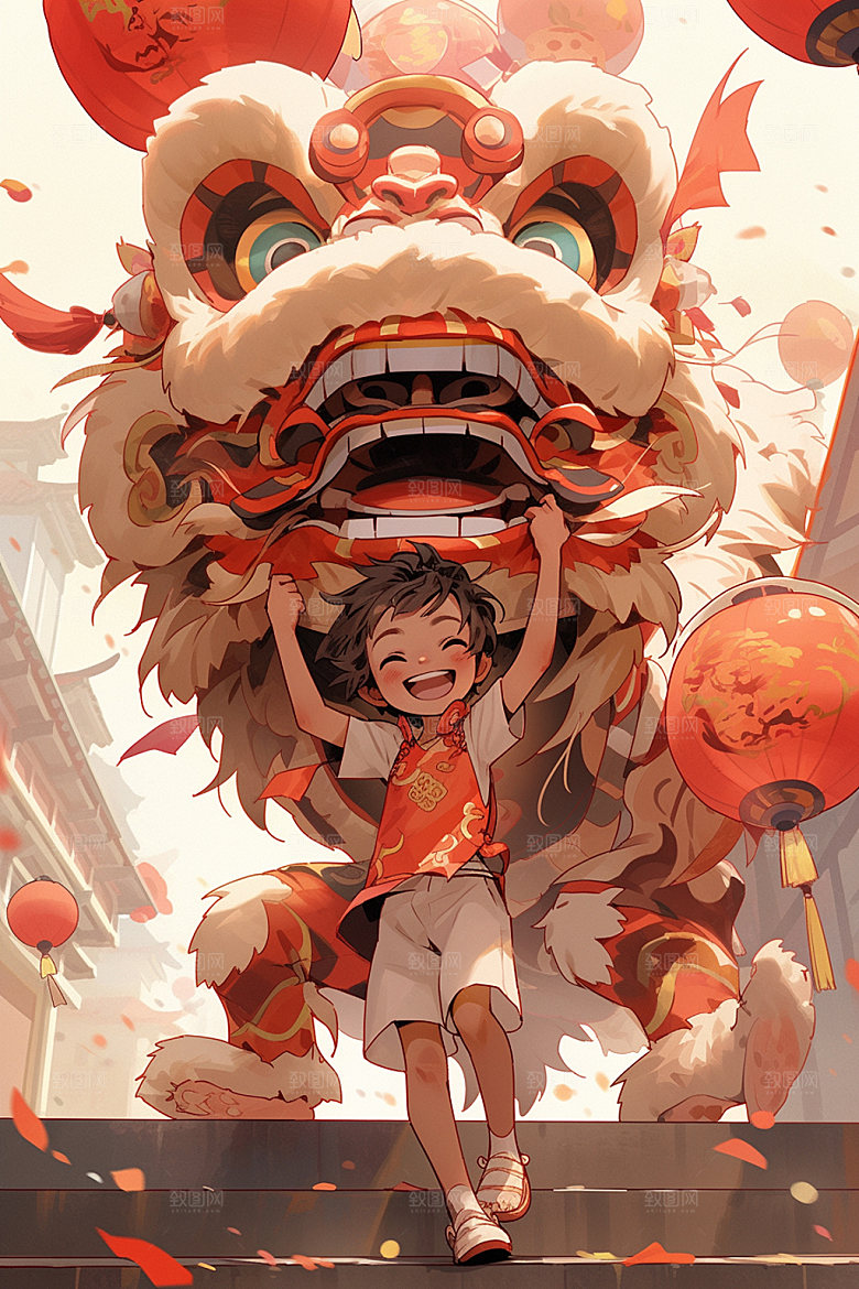 舞狮少年新年国潮插画