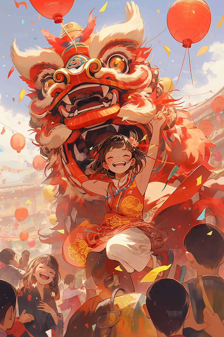 舞狮少年卡通新年插画