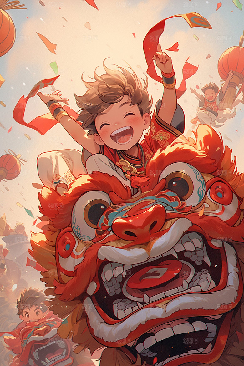 舞狮少年节庆喜庆插画