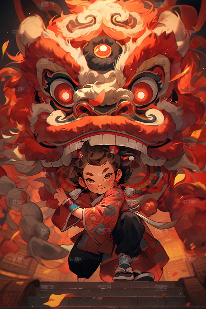 舞狮少年国粹传统文化插画