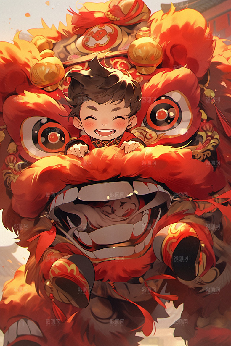 舞狮少年传统文化新年插画