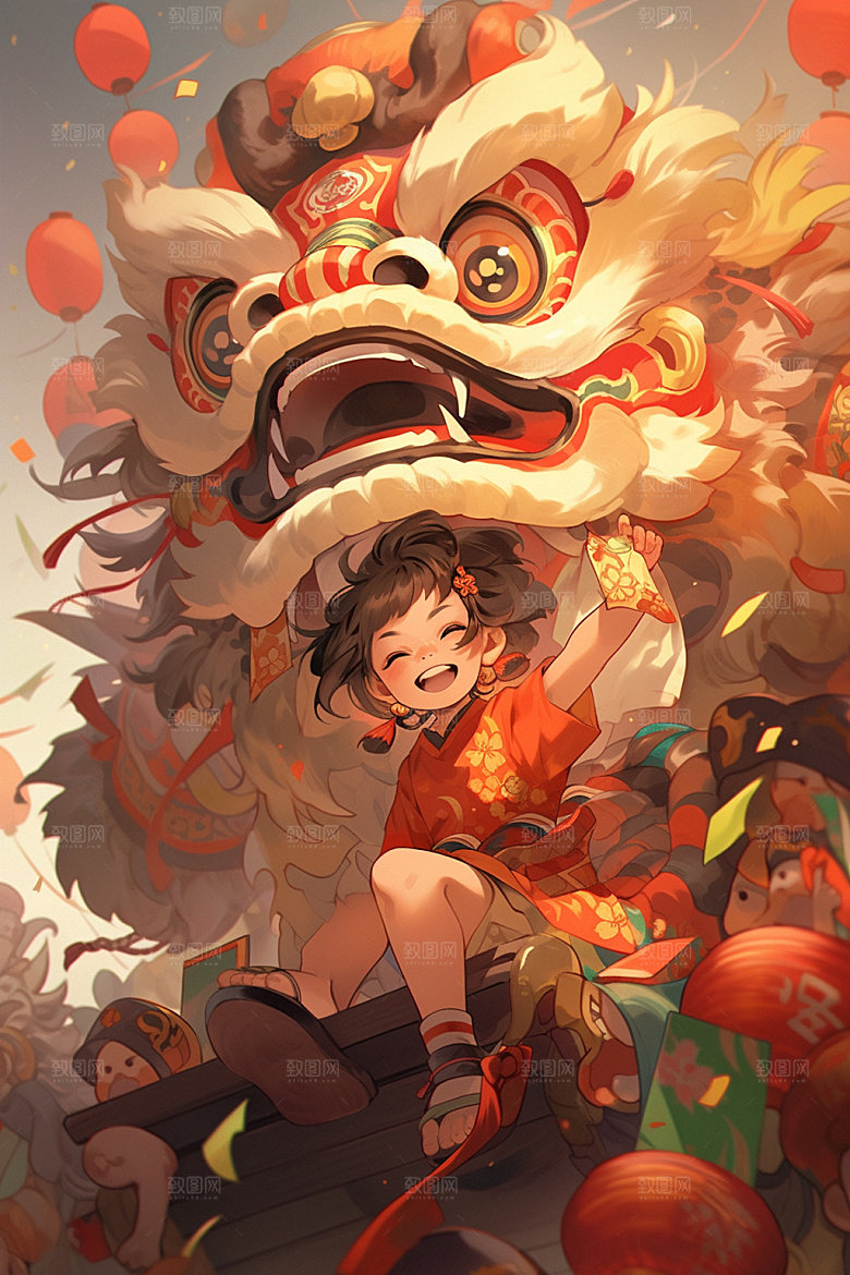 舞狮少年新年节庆插画