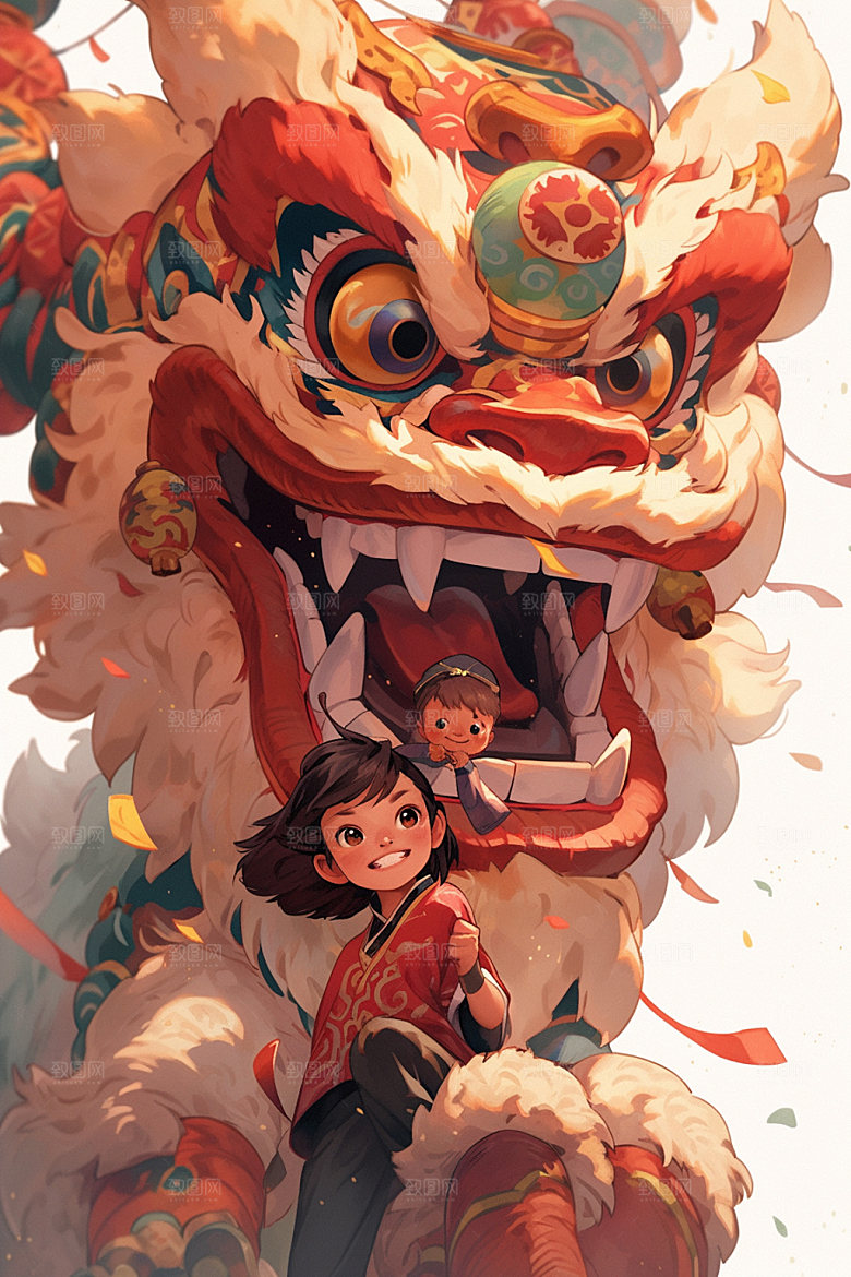 舞狮少年卡通节庆插画