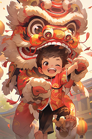 舞狮少年中式传统文化插画
