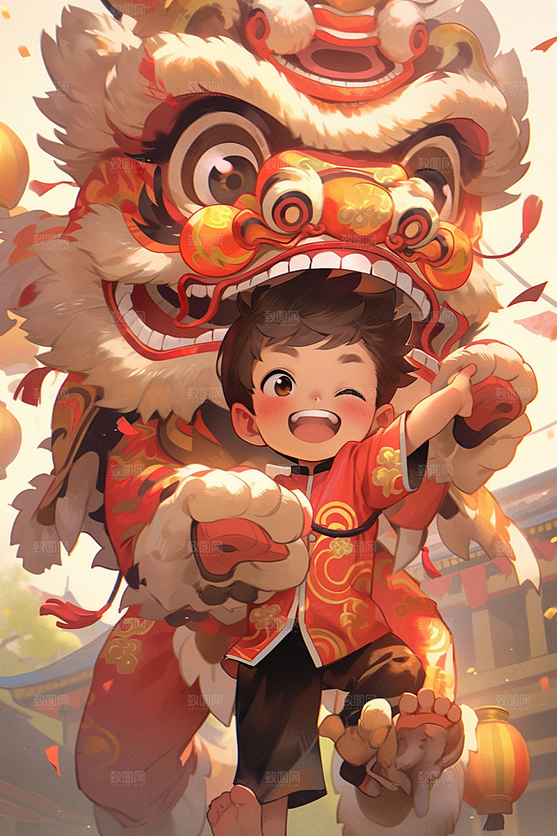 舞狮少年中式传统文化插画