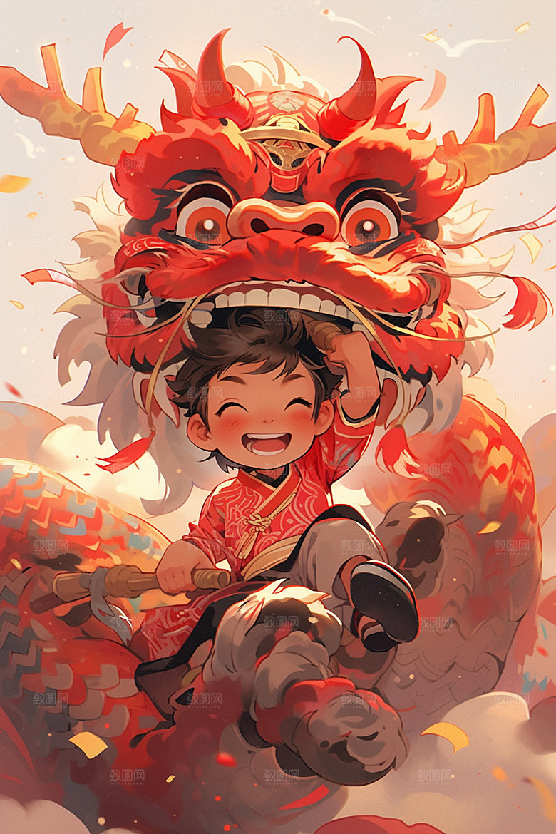 舞狮少年节庆新年插画