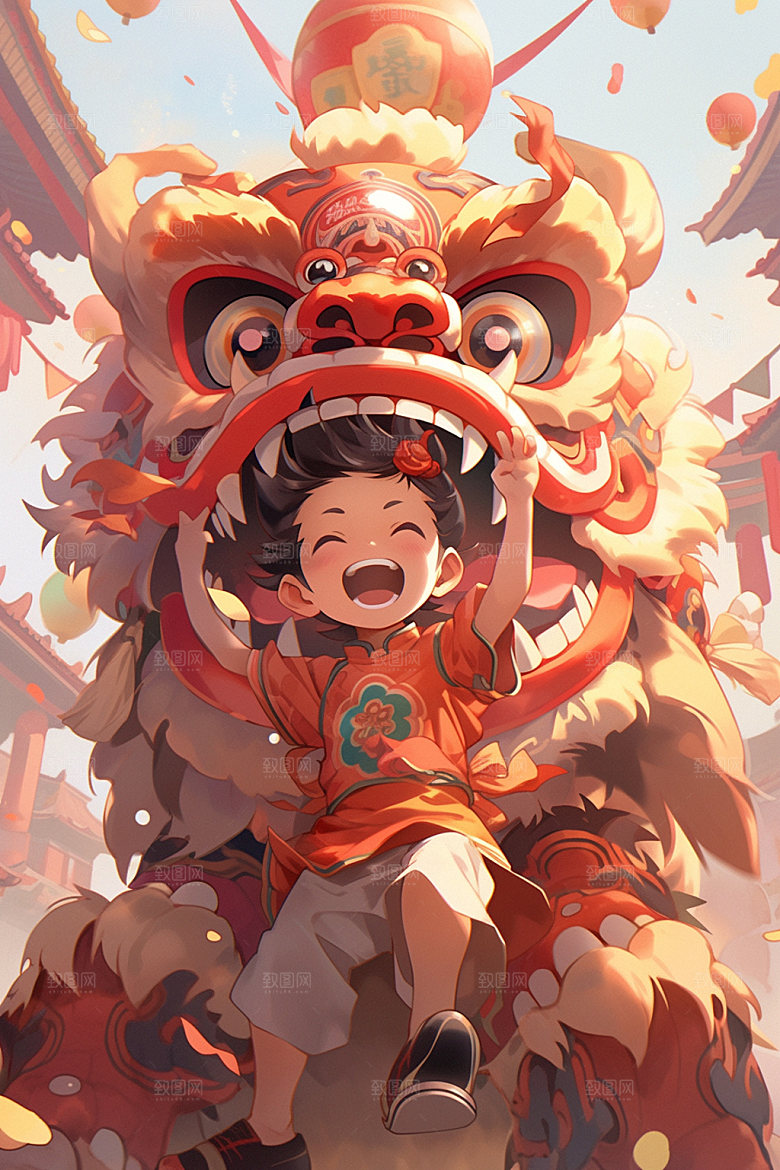 舞狮少年节庆卡通插画