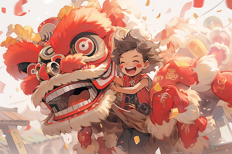 舞狮少年卡通传统文化插画