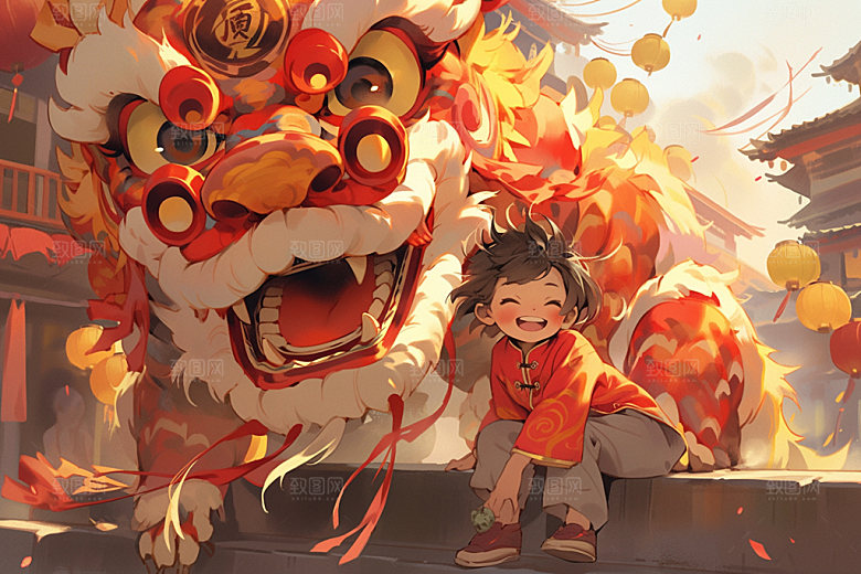 舞狮少年非遗节庆插画