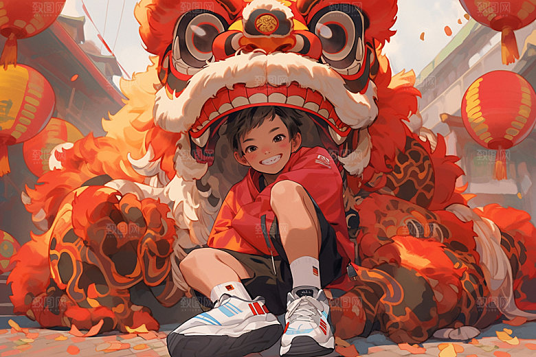 舞狮少年非遗国潮插画