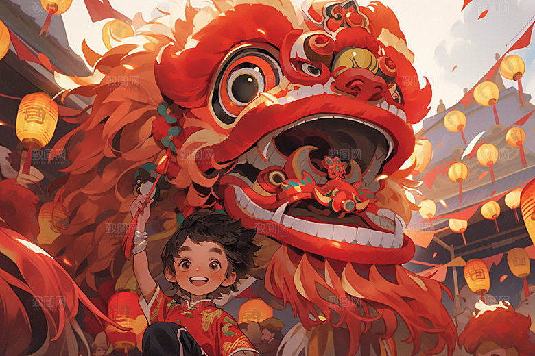 舞狮少年国粹卡通插画