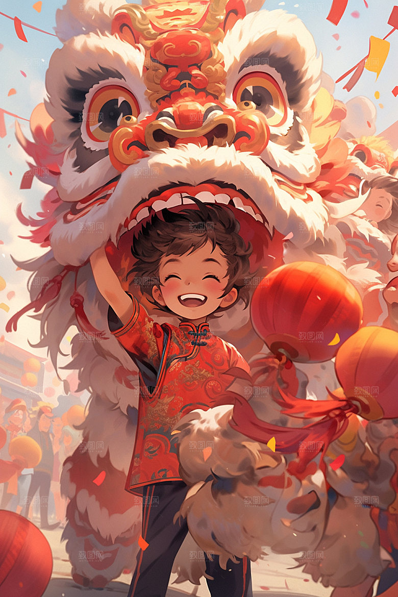 舞狮少年节庆喜庆插画