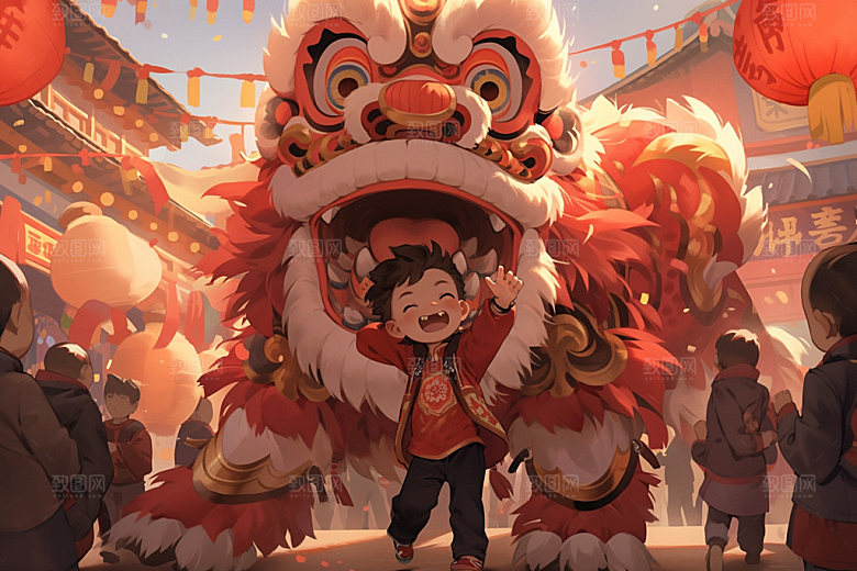 舞狮少年卡通中式插画