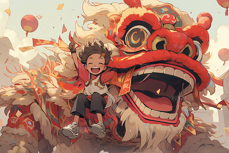 舞狮少年国潮中式插画