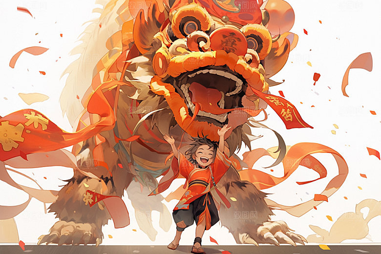舞狮少年节庆新年插画