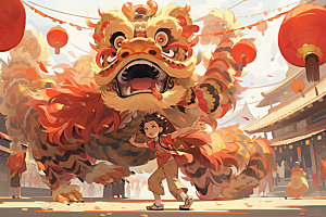 舞狮少年中式节庆插画