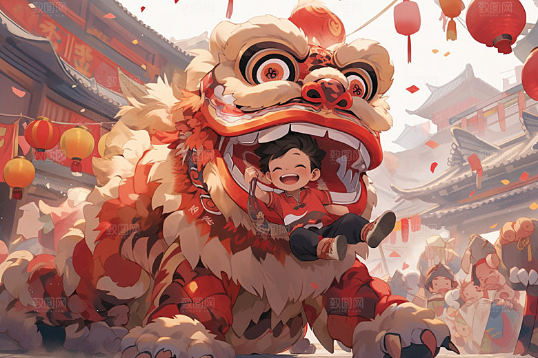 舞狮少年中式国粹插画