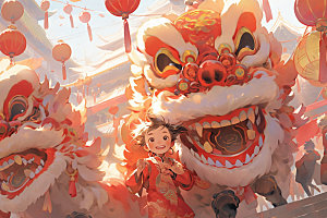 舞狮少年节庆中式插画