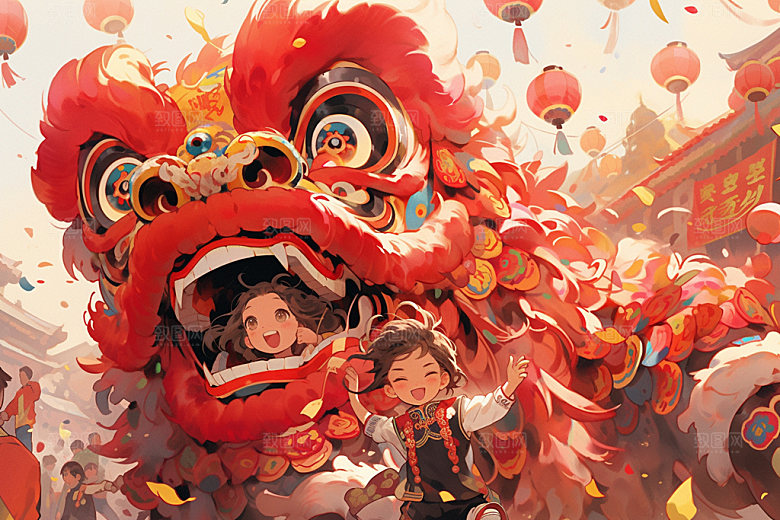 舞狮少年国潮国粹插画
